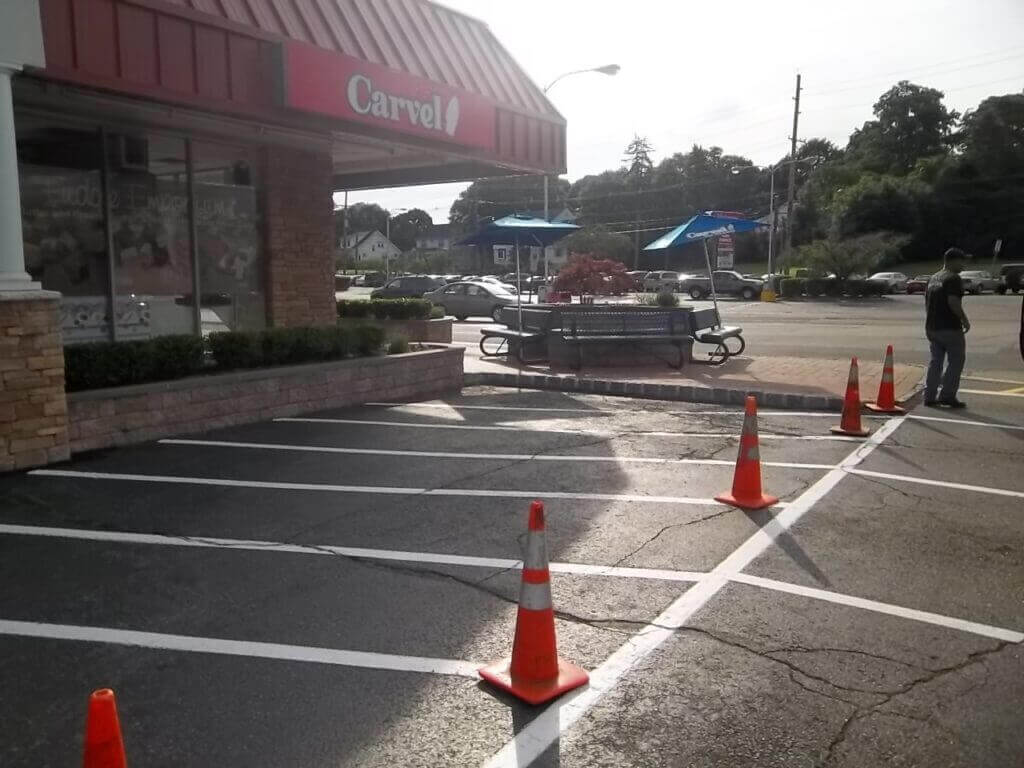 Job: Wayne, NJ Valley Brook Plaza Paver patio area cut into parking lot